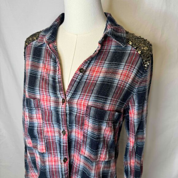 Free People Plaid Shirt Small Sequin Embellished Bohemian Western Mixed Media - Picture 5 of 14